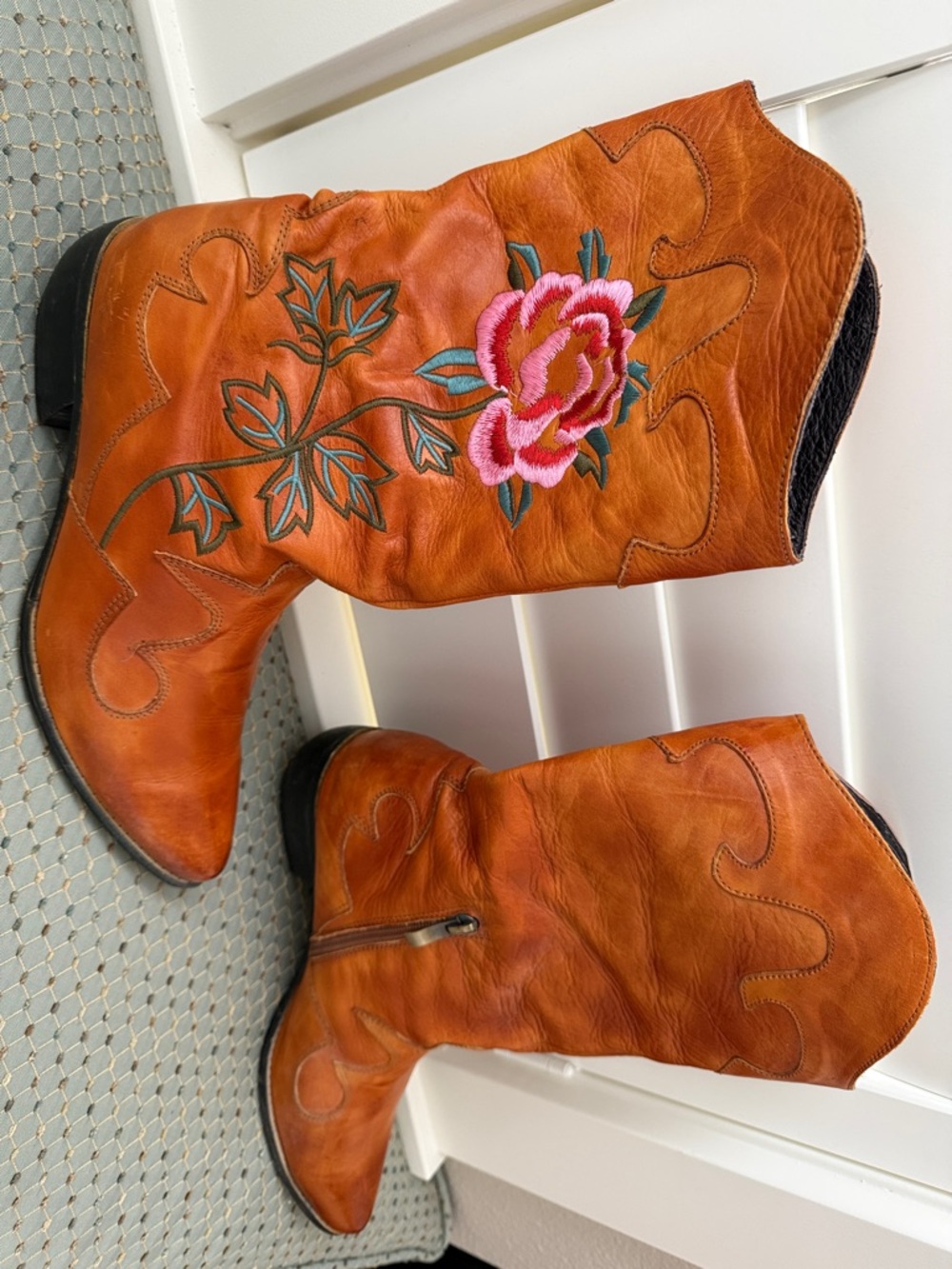 Women's Tan Leather Embroidered Rose Western Booties